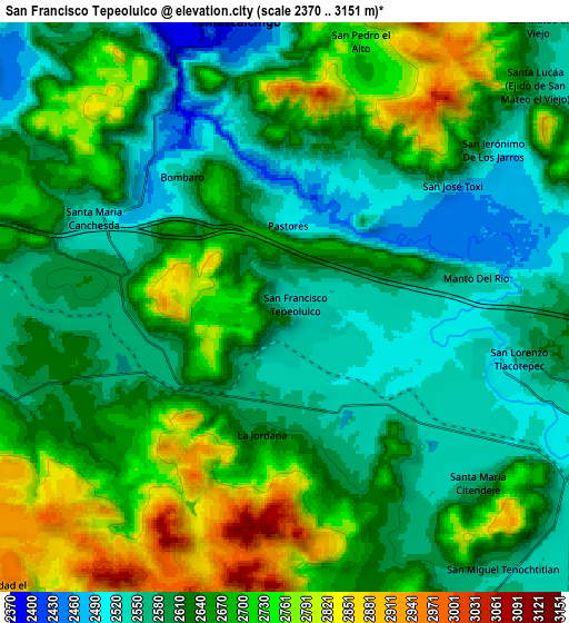 Zoom OUT 2x San Francisco Tepeolulco, Mexico elevation map