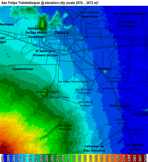 Zoom OUT 2x San Felipe Tlalmimilolpan, Mexico elevation map