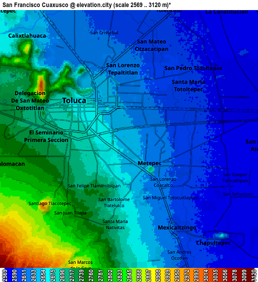 Zoom OUT 2x San Francisco Cuaxusco, Mexico elevation map