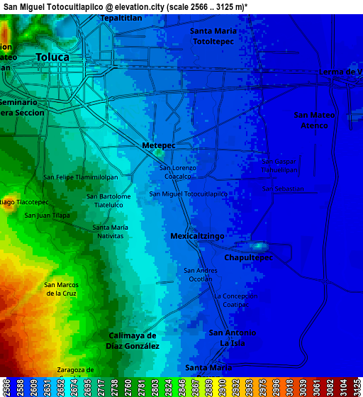 Zoom OUT 2x San Miguel Totocuitlapilco, Mexico elevation map