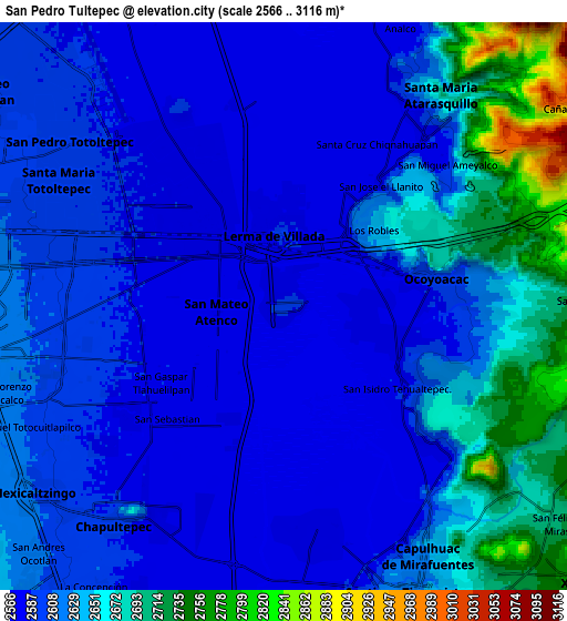 Zoom OUT 2x San Pedro Tultepec, Mexico elevation map