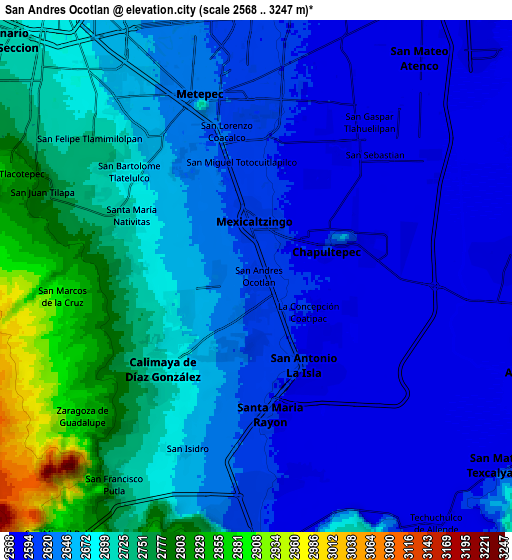 Zoom OUT 2x San Andrés Ocotlán, Mexico elevation map