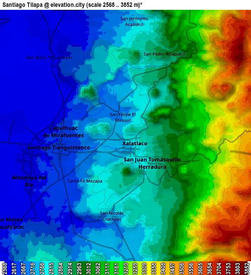 Zoom OUT 2x Santiago Tílapa, Mexico elevation map