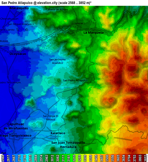 Zoom OUT 2x San Pedro Atlapulco, Mexico elevation map