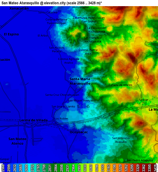 Zoom OUT 2x San Mateo Atarasquíllo, Mexico elevation map