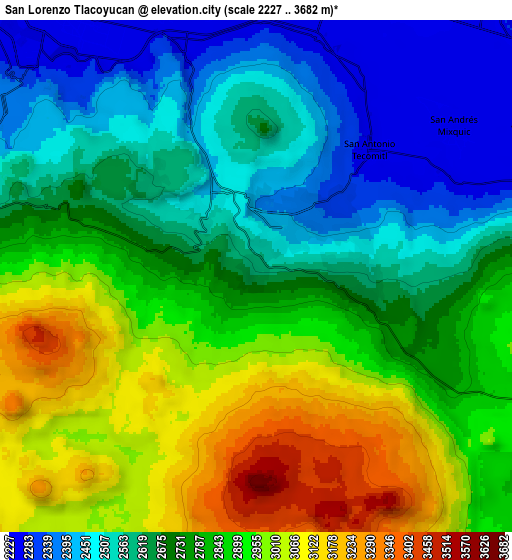 Zoom OUT 2x San Lorenzo Tlacoyucan, Mexico elevation map