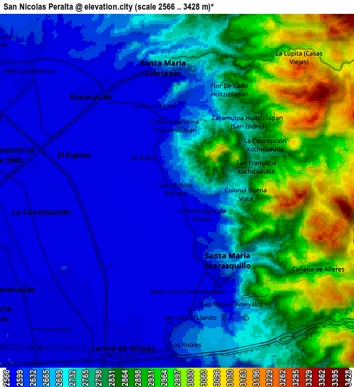 Zoom OUT 2x San Nicolás Peralta, Mexico elevation map