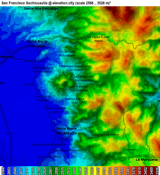 Zoom OUT 2x San Francisco Xochicuautla, Mexico elevation map