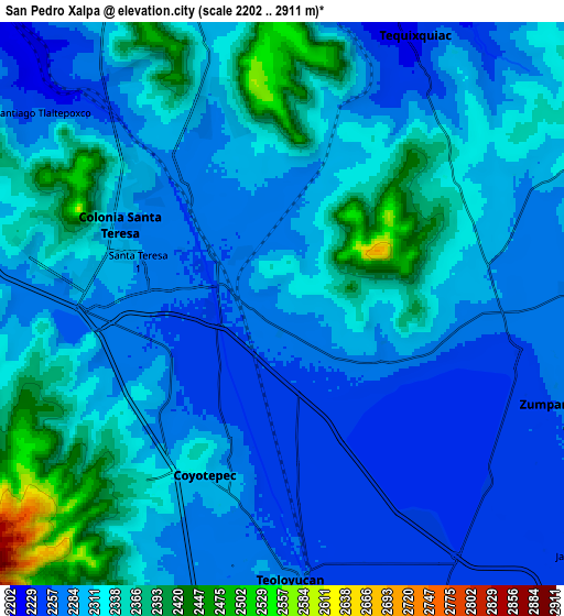 Zoom OUT 2x San Pedro Xalpa, Mexico elevation map