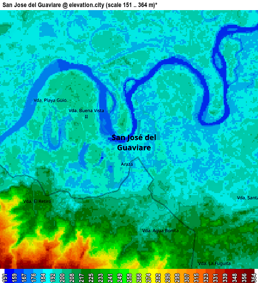 Zoom OUT 2x San José del Guaviare, Colombia elevation map