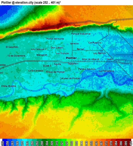 Zoom OUT 2x Plottier, Argentina elevation map