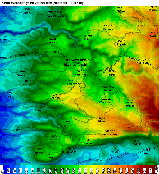 Zoom OUT 2x Kefar Weradim, Israel elevation map