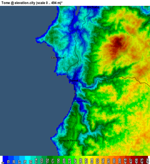 Zoom OUT 2x Tomé, Chile elevation map