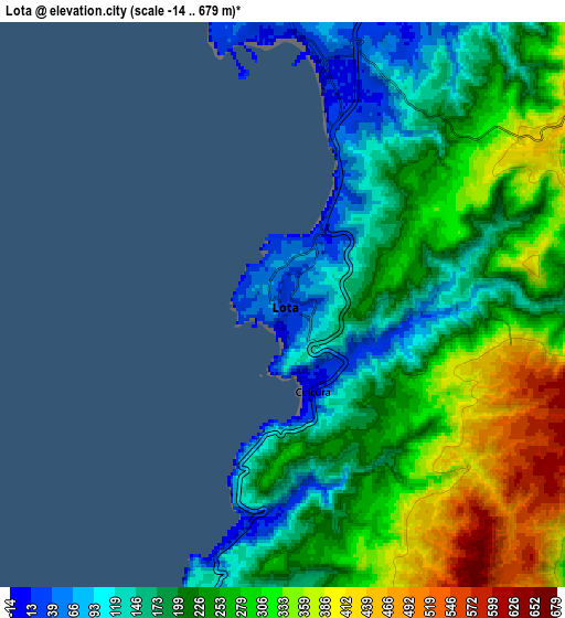 Zoom OUT 2x Lota, Chile elevation map