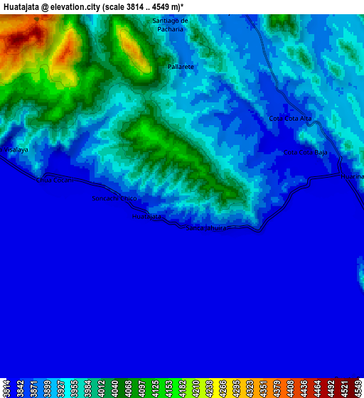 Zoom OUT 2x Huatajata, Bolivia elevation map