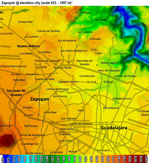 Zoom OUT 2x Zapopan, Mexico elevation map