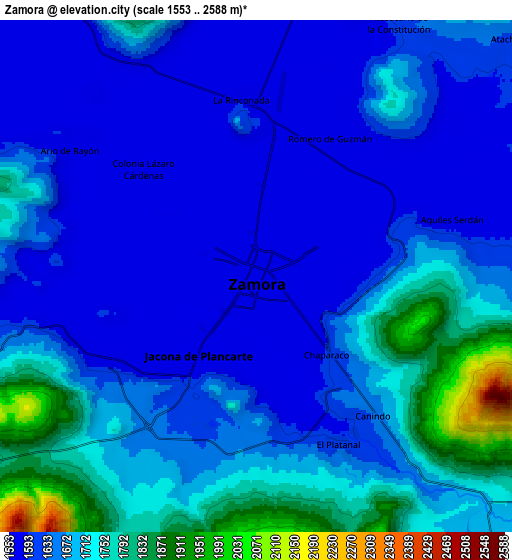 Zoom OUT 2x Zamora, Mexico elevation map