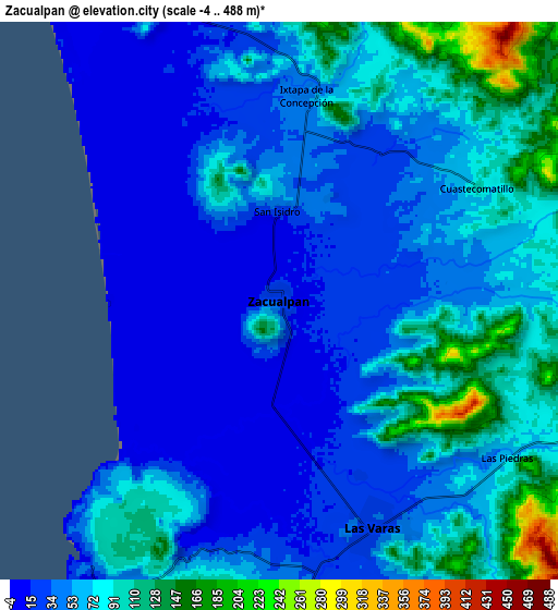 Zoom OUT 2x Zacualpan, Mexico elevation map