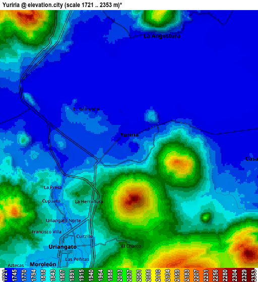 Zoom OUT 2x Yuriria, Mexico elevation map