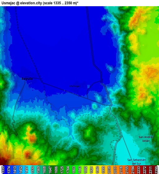 Zoom OUT 2x Usmajac, Mexico elevation map