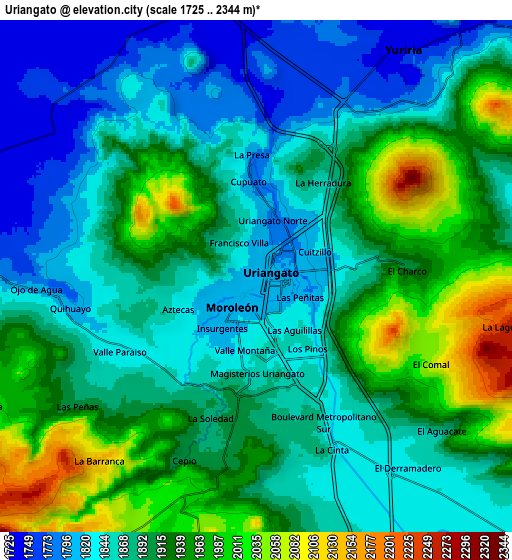 Zoom OUT 2x Uriangato, Mexico elevation map