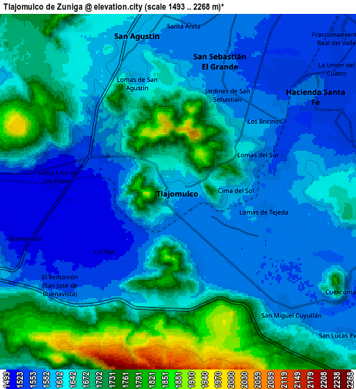 Zoom OUT 2x Tlajomulco de Zúñiga, Mexico elevation map