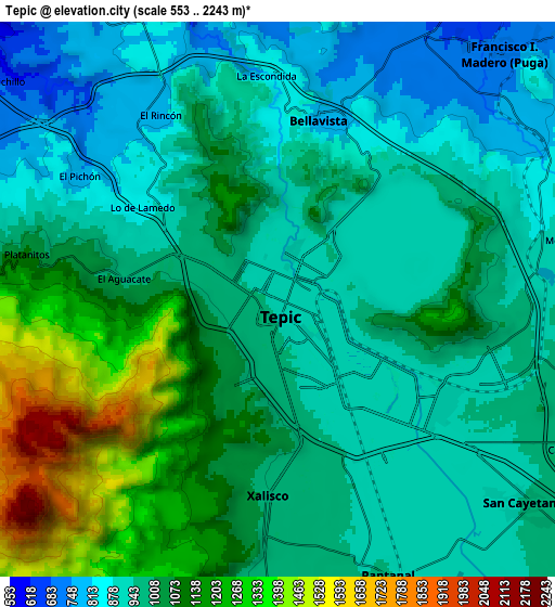 Zoom OUT 2x Tepic, Mexico elevation map