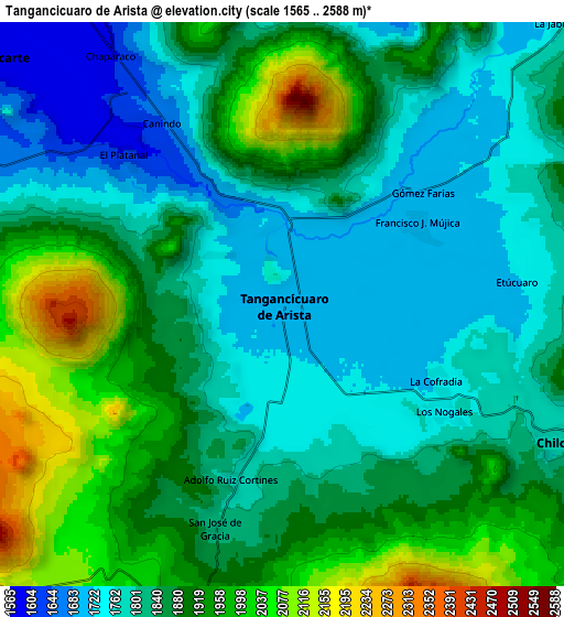 Zoom OUT 2x Tangancícuaro de Arista, Mexico elevation map