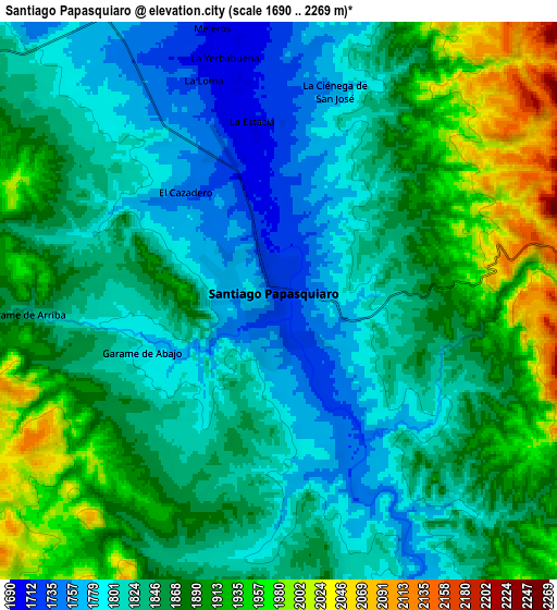 Zoom OUT 2x Santiago Papasquiaro, Mexico elevation map