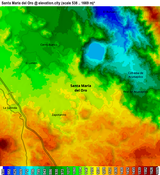 Zoom OUT 2x Santa María del Oro, Mexico elevation map