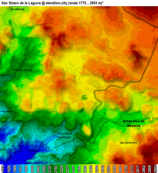 Zoom OUT 2x San Simón de la Laguna, Mexico elevation map