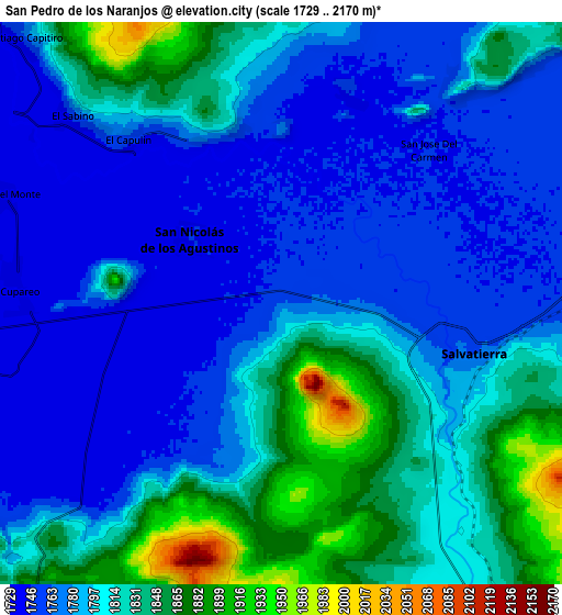 Zoom OUT 2x San Pedro de los Naranjos, Mexico elevation map