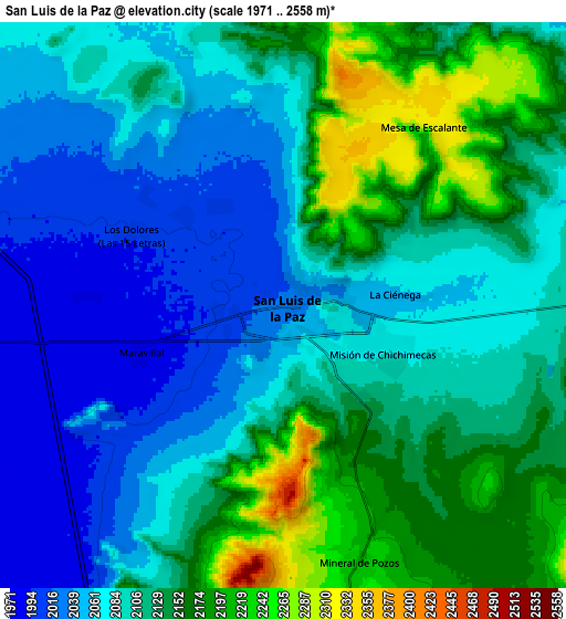 Zoom OUT 2x San Luis de la Paz, Mexico elevation map