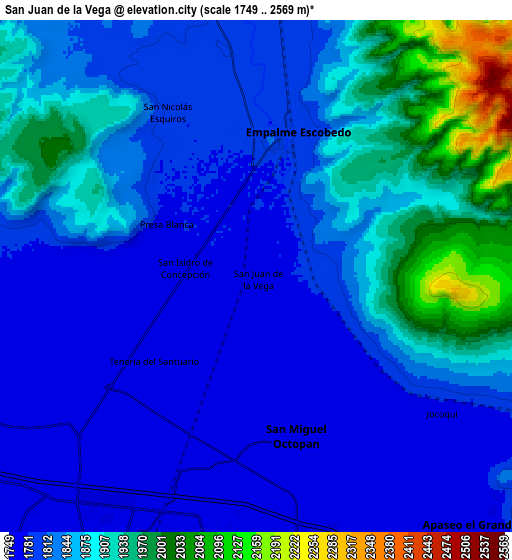 Zoom OUT 2x San Juan de la Vega, Mexico elevation map