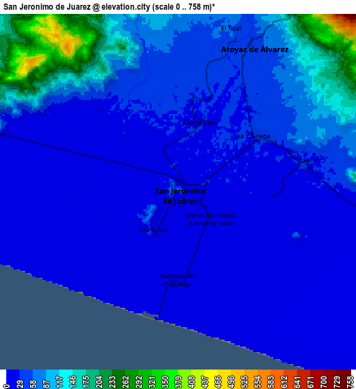 Zoom OUT 2x San Jerónimo de Juárez, Mexico elevation map