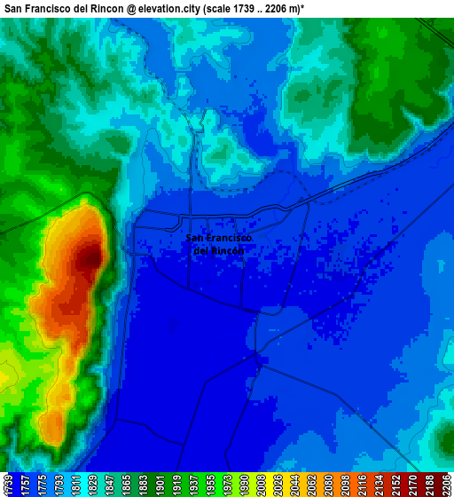 Zoom OUT 2x San Francisco del Rincón, Mexico elevation map