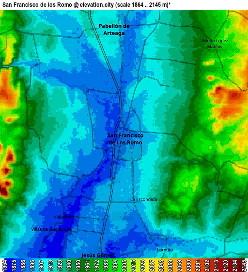 Zoom OUT 2x San Francisco de los Romo, Mexico elevation map