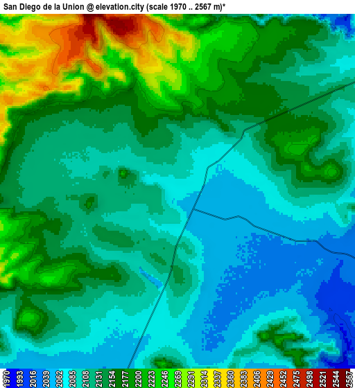 Zoom OUT 2x San Diego de la Unión, Mexico elevation map