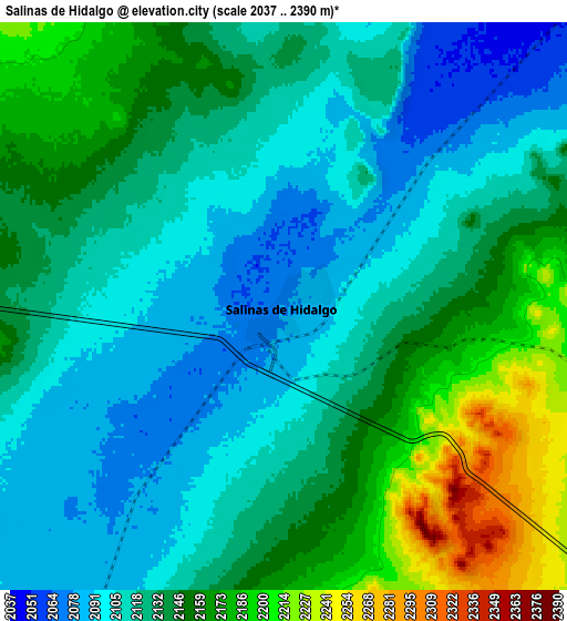 Zoom OUT 2x Salinas de Hidalgo, Mexico elevation map