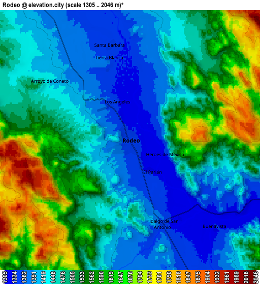 Zoom OUT 2x Rodeo, Mexico elevation map