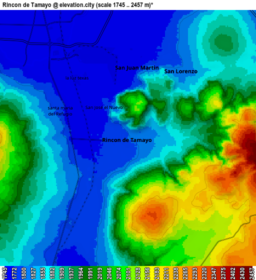 Zoom OUT 2x Rincón de Tamayo, Mexico elevation map