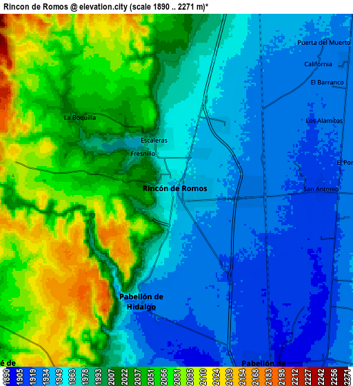 Zoom OUT 2x Rincón de Romos, Mexico elevation map