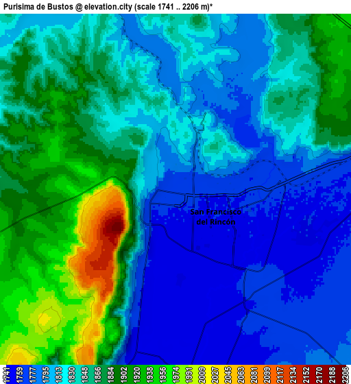 Zoom OUT 2x Purísima de Bustos, Mexico elevation map