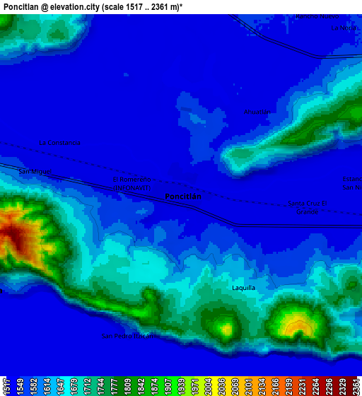 Zoom OUT 2x Poncitlán, Mexico elevation map