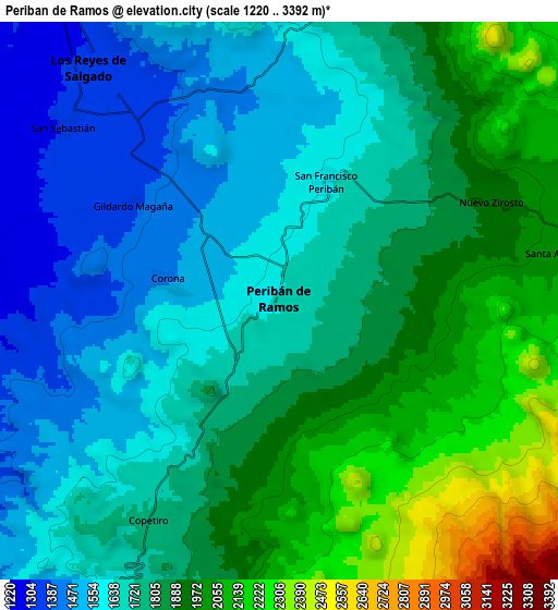 Zoom OUT 2x Peribán de Ramos, Mexico elevation map