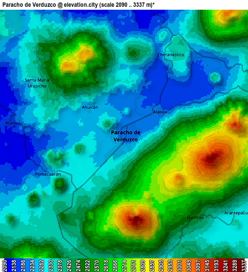Zoom OUT 2x Paracho de Verduzco, Mexico elevation map