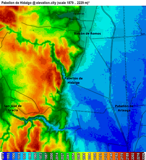 Zoom OUT 2x Pabellón de Hidalgo, Mexico elevation map