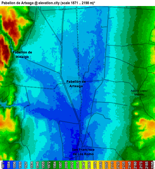 Zoom OUT 2x Pabellón de Arteaga, Mexico elevation map