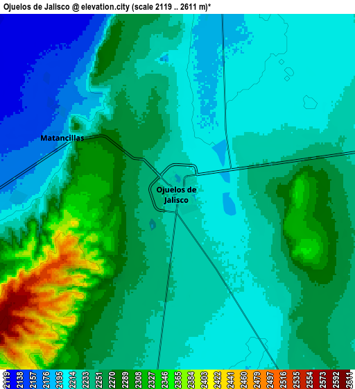 Zoom OUT 2x Ojuelos de Jalisco, Mexico elevation map