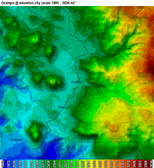 Zoom OUT 2x Ocampo, Mexico elevation map